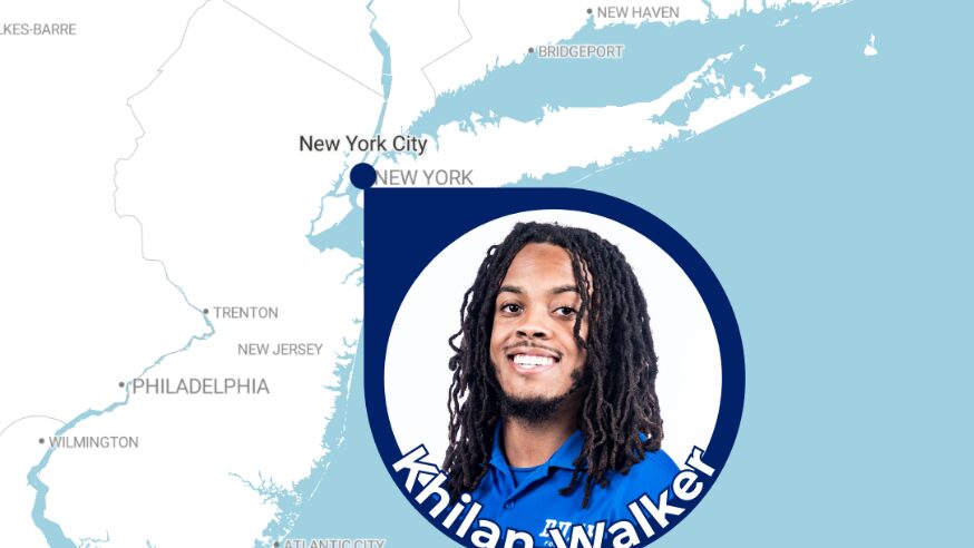 Map with a headshot of Khilan Walker inside a location marker pinned to New York City